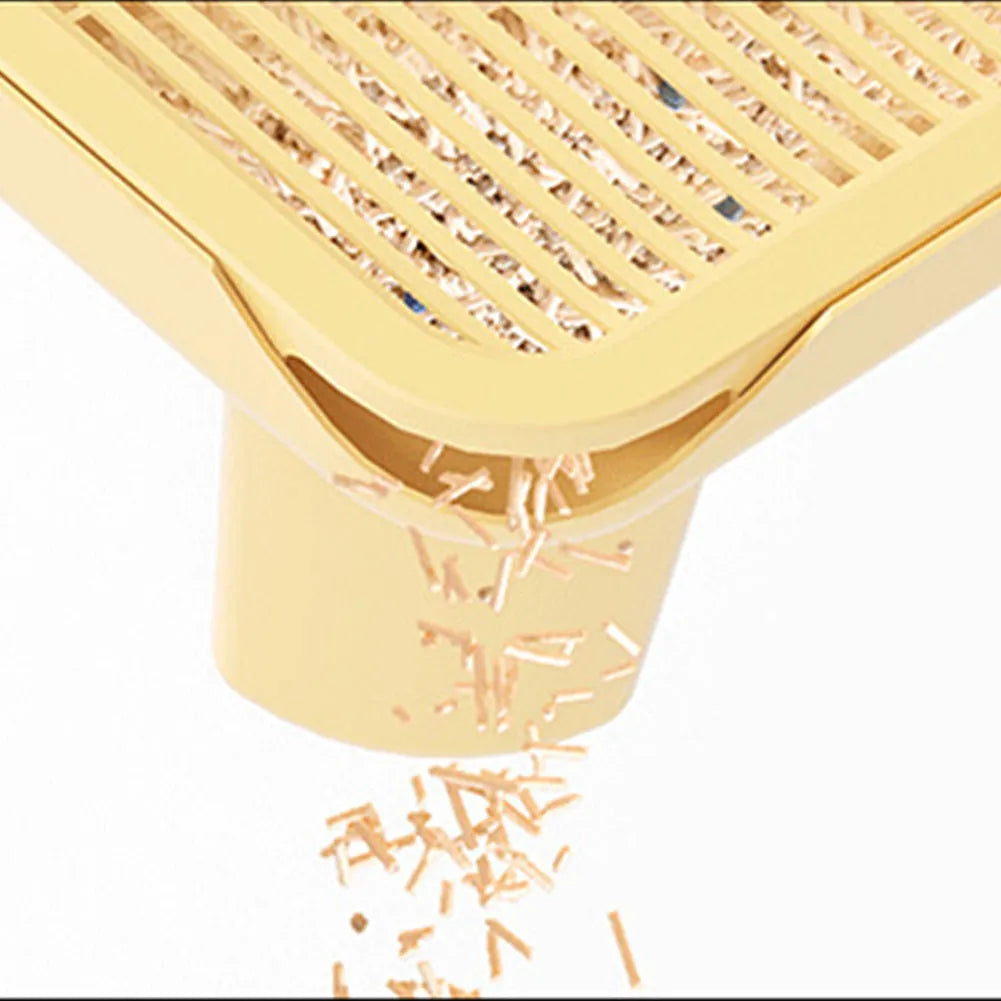 Milk yellow oversized plastic cat litter mat with anti-slip silicone feet on a floor next to a litter box.
