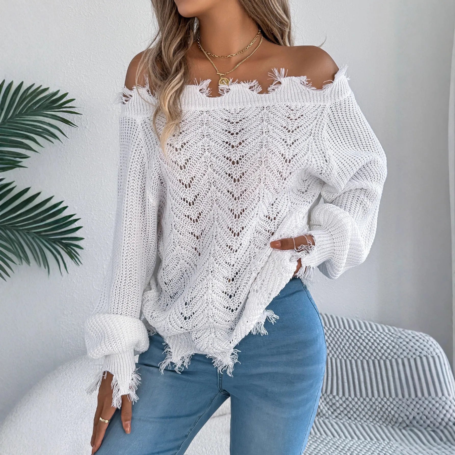 Hollow-out long-sleeved cut off-the-shoulder pullover sweater in artificial wool knit fabric