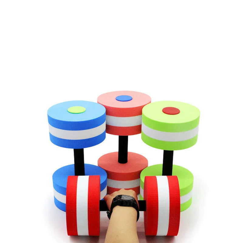 Pair of rose red EVA water aerobics dumbbells for pool fitness each 15cm
