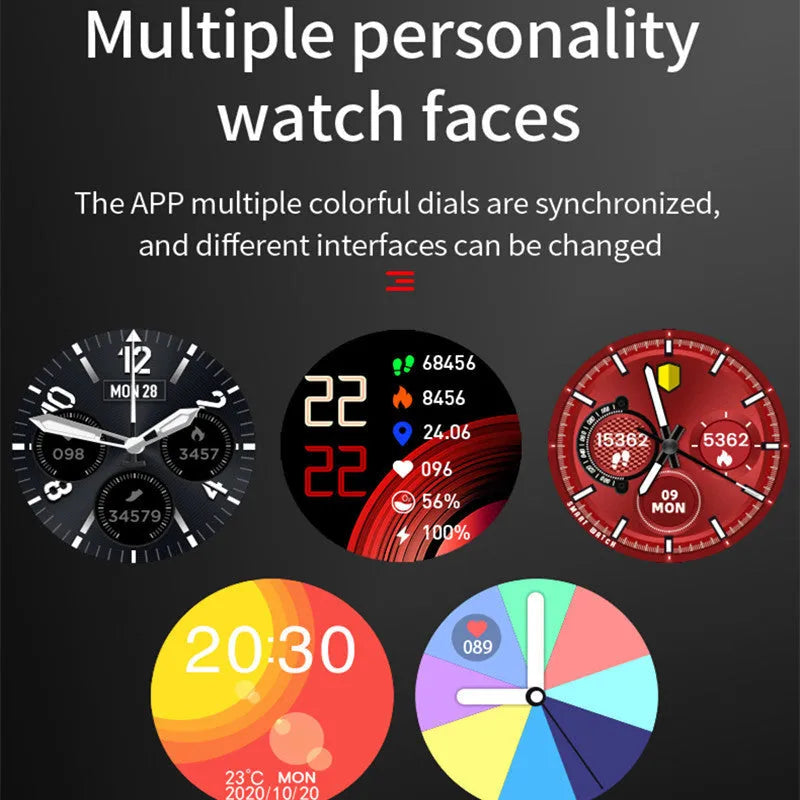 Black stainless steel round dial smart watch with heart rate monitoring and Bluetooth call feature