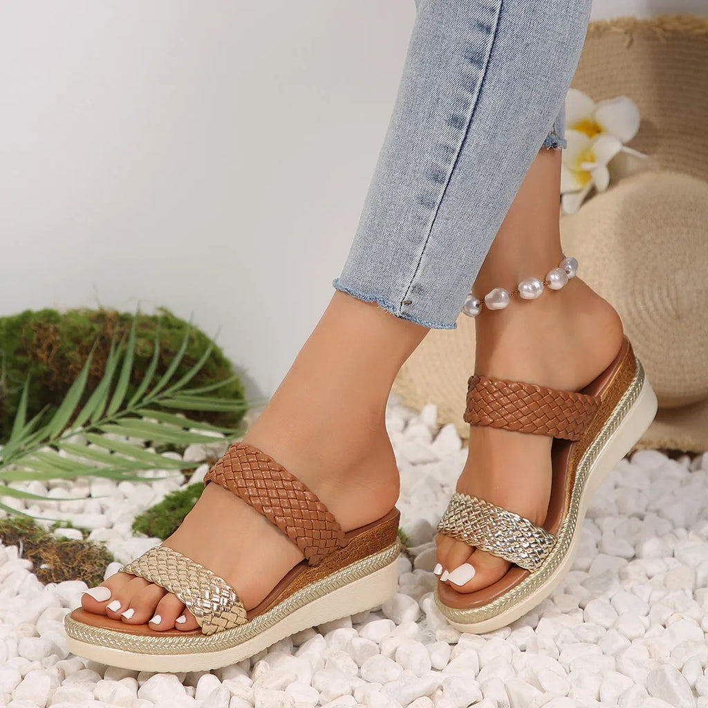 Women's plus size wedge sandals in gold or silver with PU upper and rubber sole
