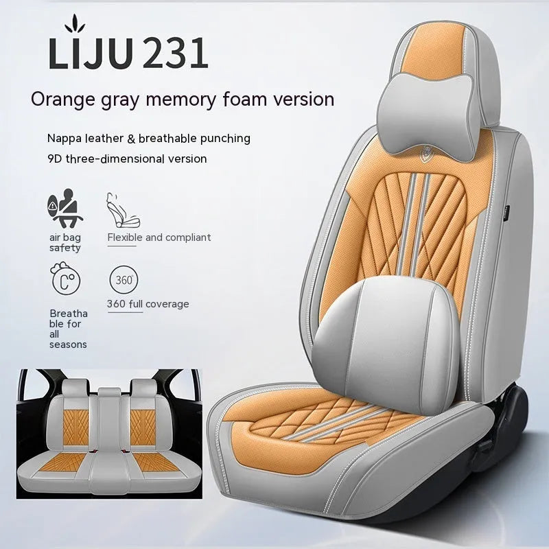 Five-piece leather car seat cushion set in various colour options with hemmed edge detailing