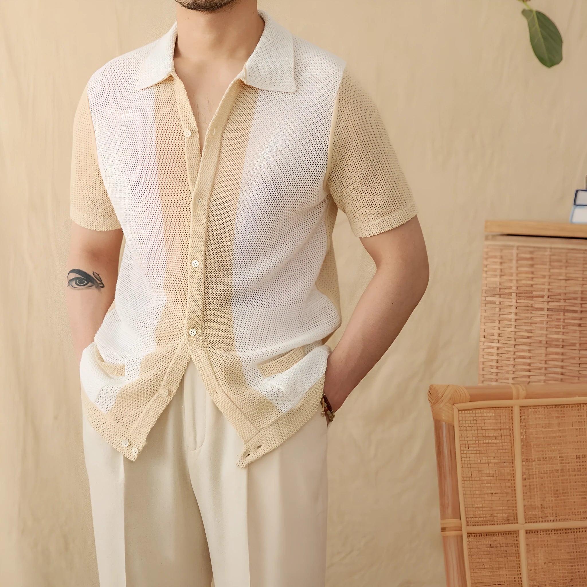 Beige short-sleeved knitted cardigan with lapel collar made from cotton linen blend fabric