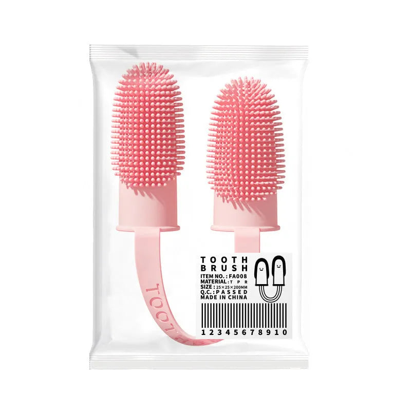 TPR double finger pet toothbrush in pink, blue green, and yellow for dog and cat dental care.