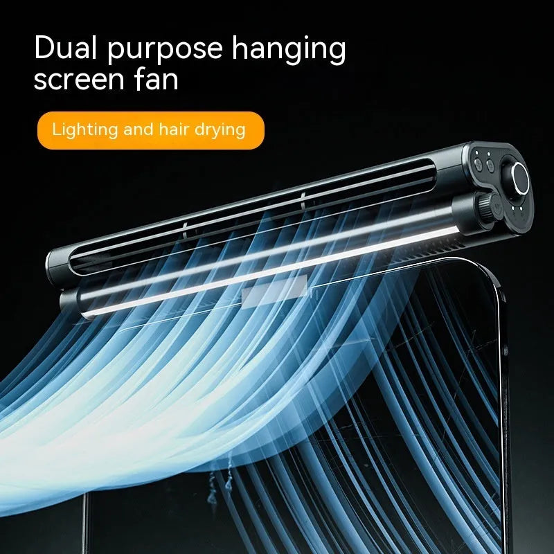Black bladeless USB fan with clip attachment and integrated lighting lamp for computer screens