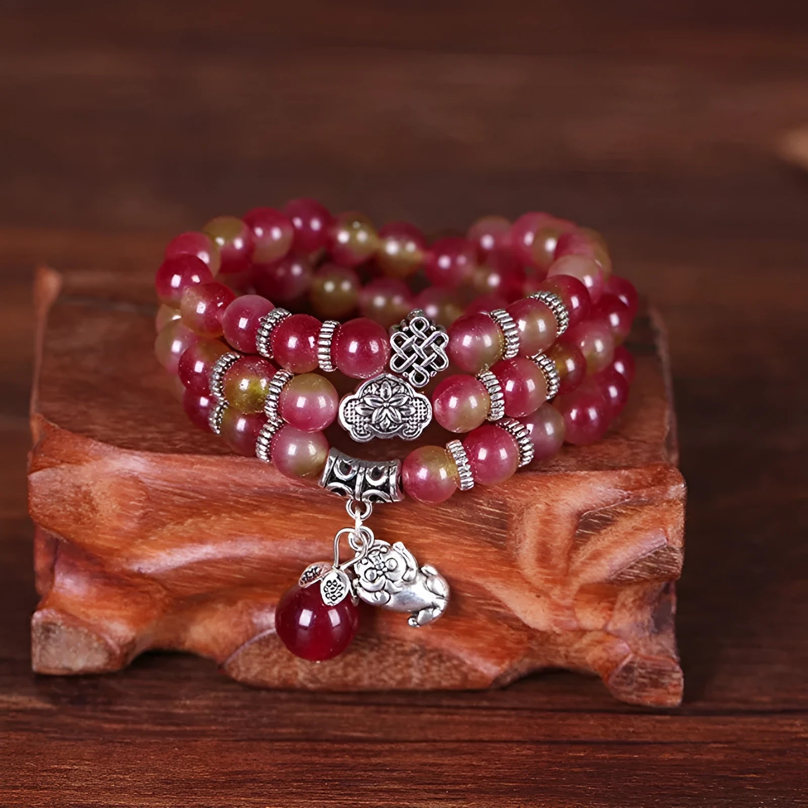 Handmade natural watermelon crystal bracelet with Chinese knot and geometry style design