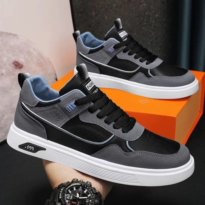 Men's low-top canvas board shoes in beige with leather stitching detail
