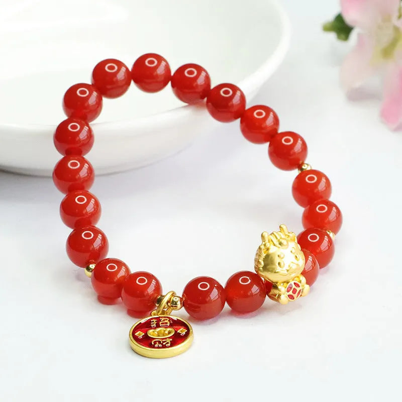 Red agate stone bead dragon zodiac bracelet with traditional Chinese design