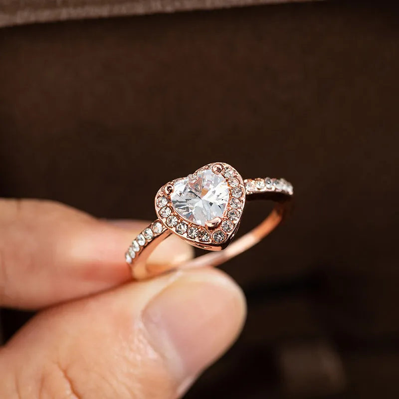 Heart-shaped crystal women's wedding ring with rose gold or silvery electroplated finish