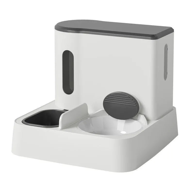 Grey automatic cat feeder and water dispenser unit with integrated double bowls