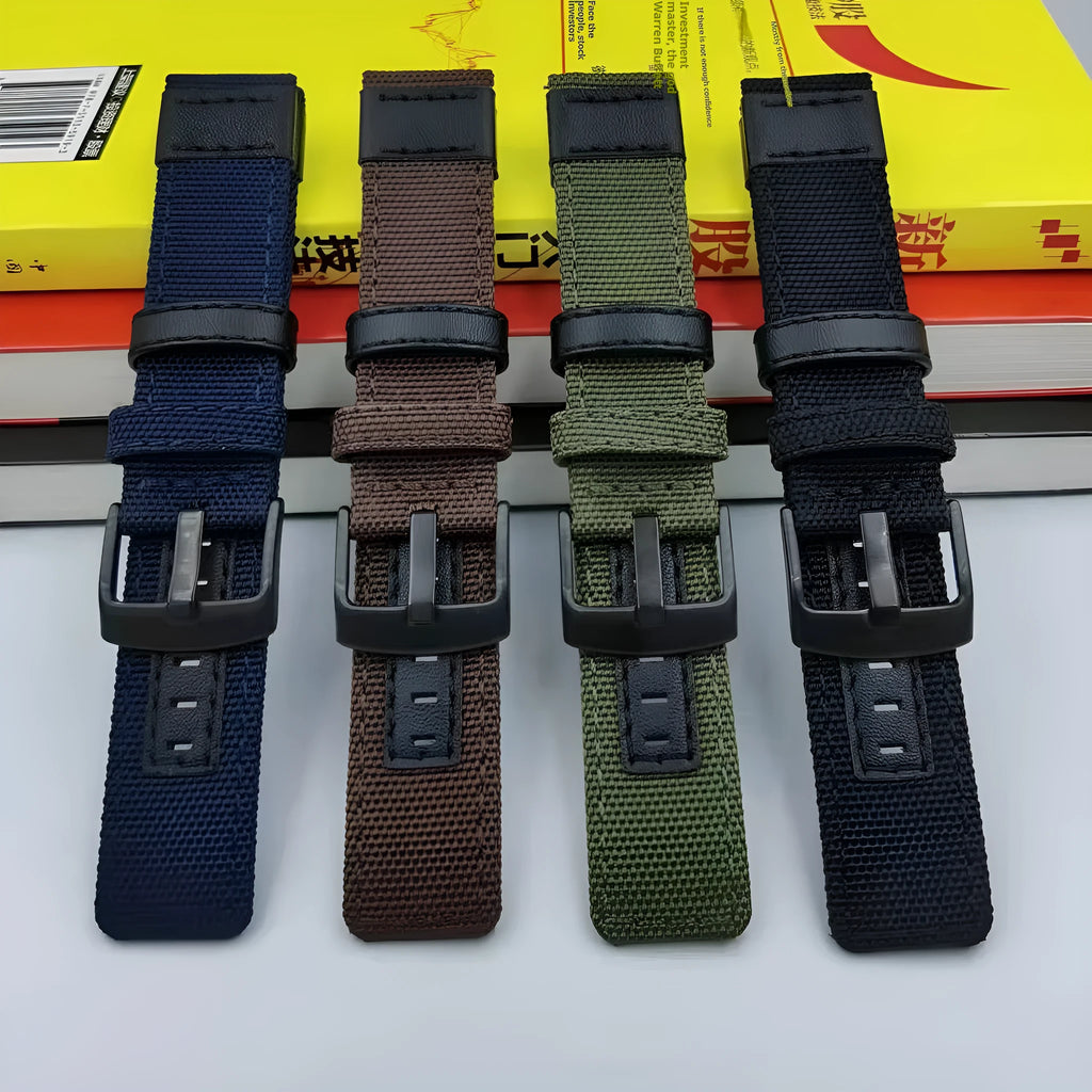 Oxford cloth canvas watch strap in army green colour showing textured fabric and buckle.