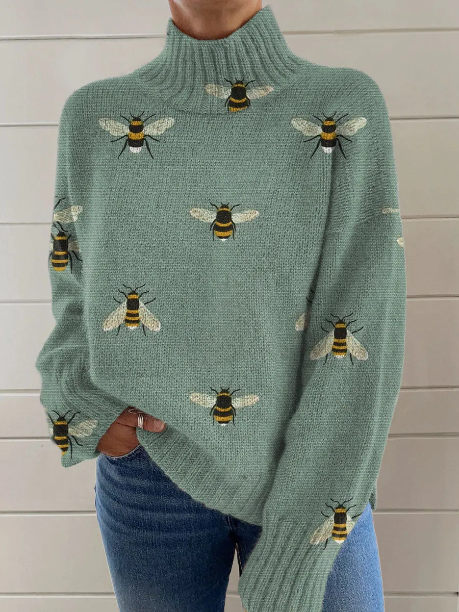 Women's Christmas printed turtleneck sweater with painting pattern in macaron colour
