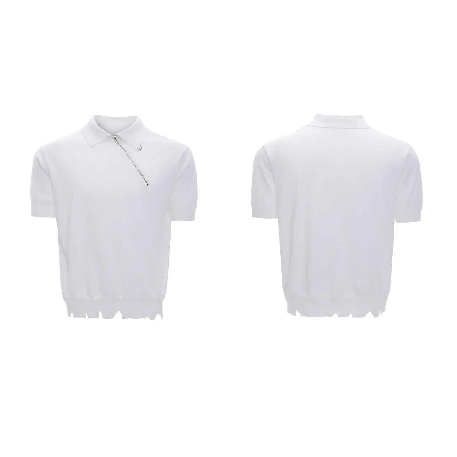 Men's slim-fit black knitted polo shirt with an oblique diagonal zipper and lapel collar.