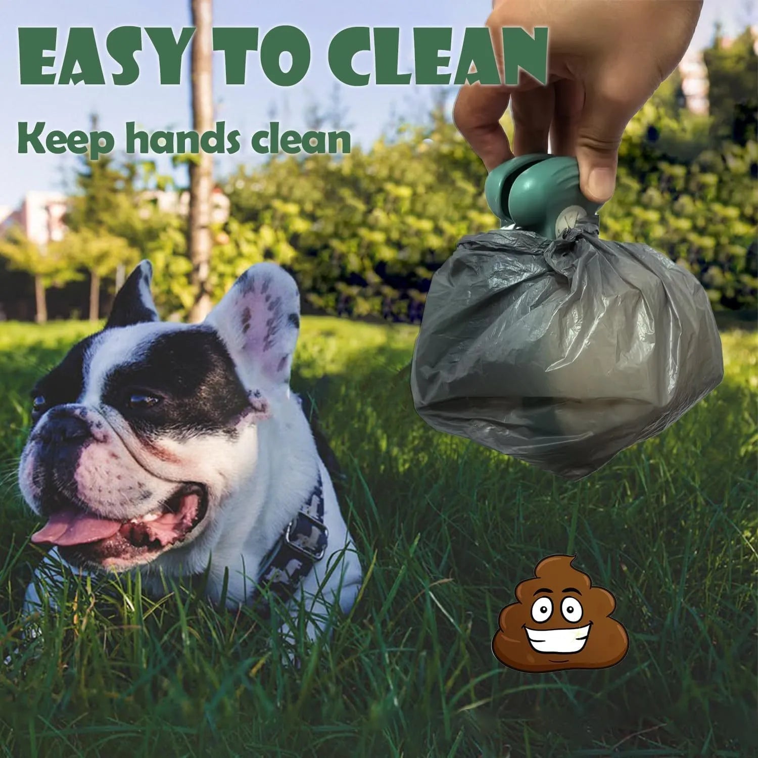 Portable handheld dog poop scooper with expandable container and bag dispenser in blue, green, grey, or yellow.