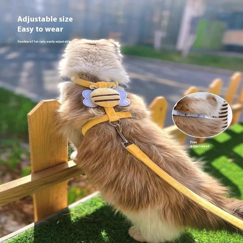 Bee-shaped adjustable cat lead in blue colour with strap and hand-holding rope