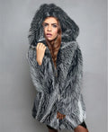Silver grey artificial fur coat with regular sleeves showing loose fit mid-length design