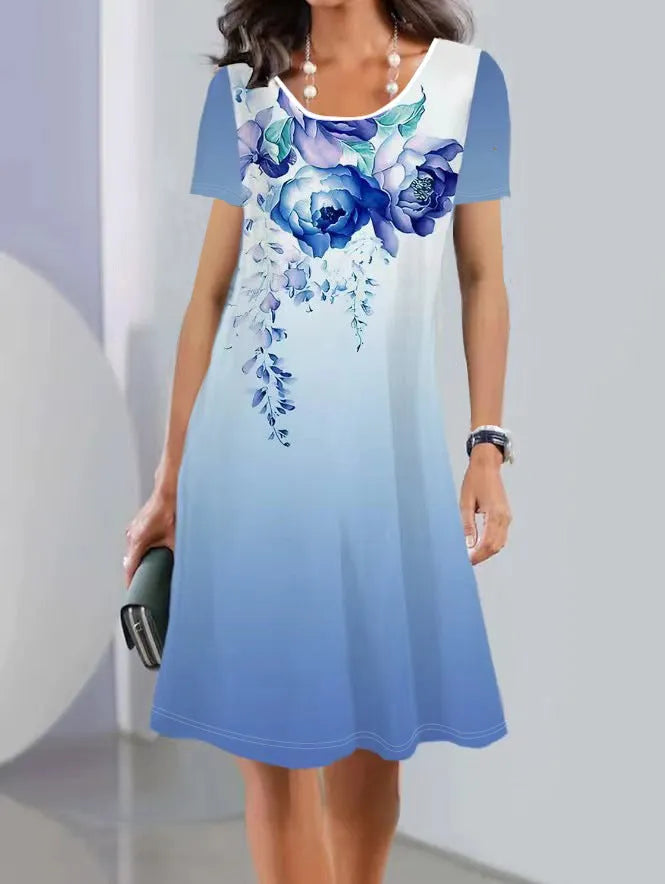 Fresh sweet style A-line mid-length dress with painted plants and flowers pattern on ice silk fabric