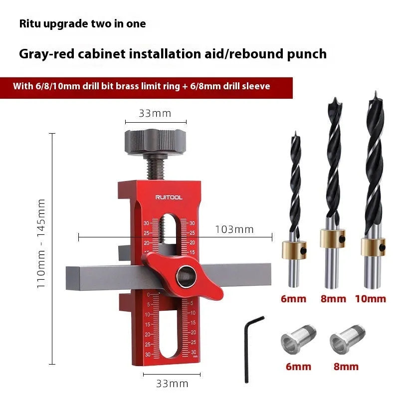 Aluminium alloy cabinet door installation aid for woodworking hinge alignment.