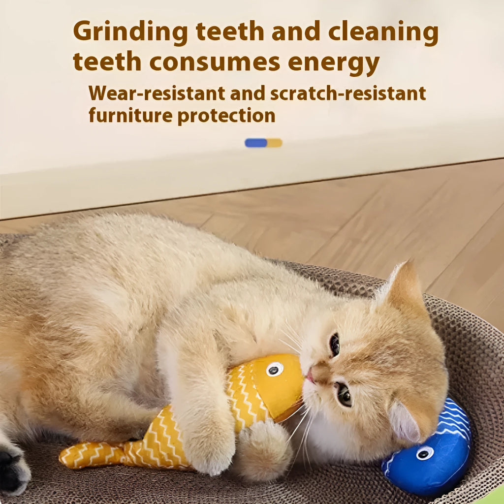 Catnip-filled fabric fish cat toy in blue, red, and yellow colour options