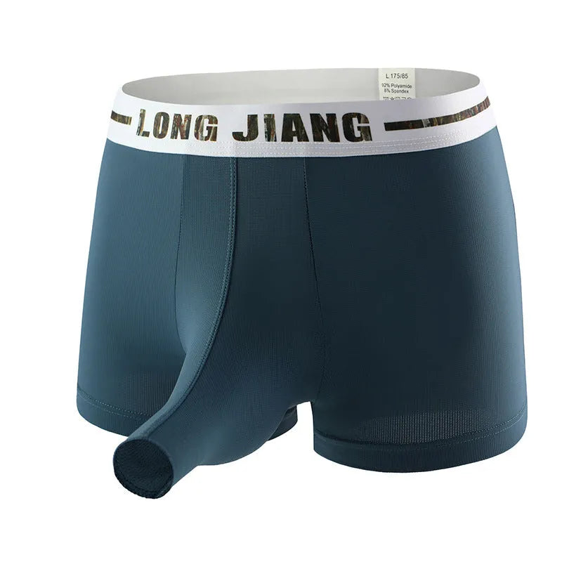 Men's ice silk trunk open boxer shorts in multiple solid colours showing mid waist fit.