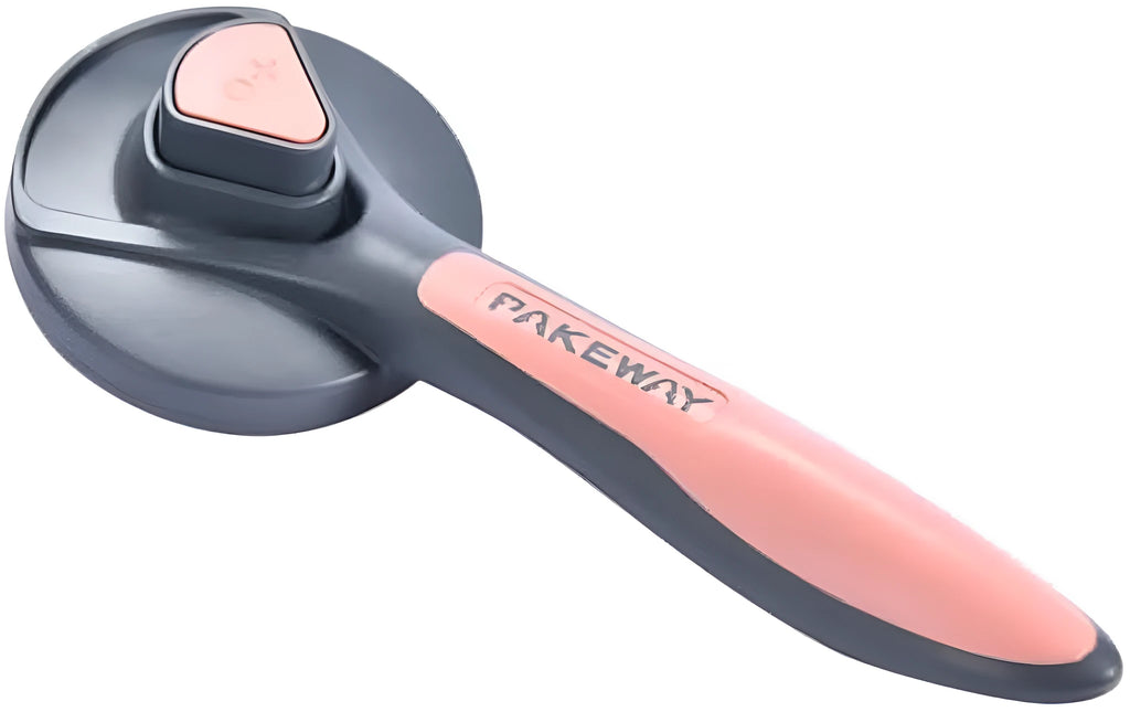 Self cleaning pet slicker brush in grey, green, or pink with one-button hair release