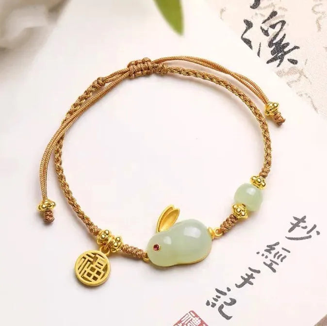 Hetian jade rabbit bracelet for women with geometric charm on yellow adjustable string