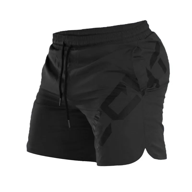 Men's black knee-length running shorts with elastic waist, shown flat for detail.