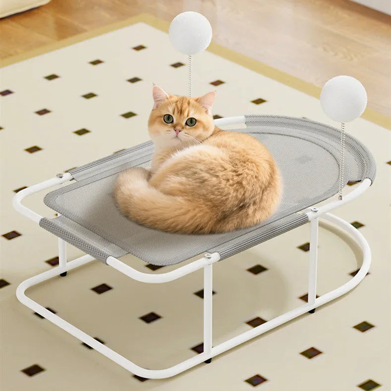 Large grey fabric cat kennel with breathable open design for pet resting