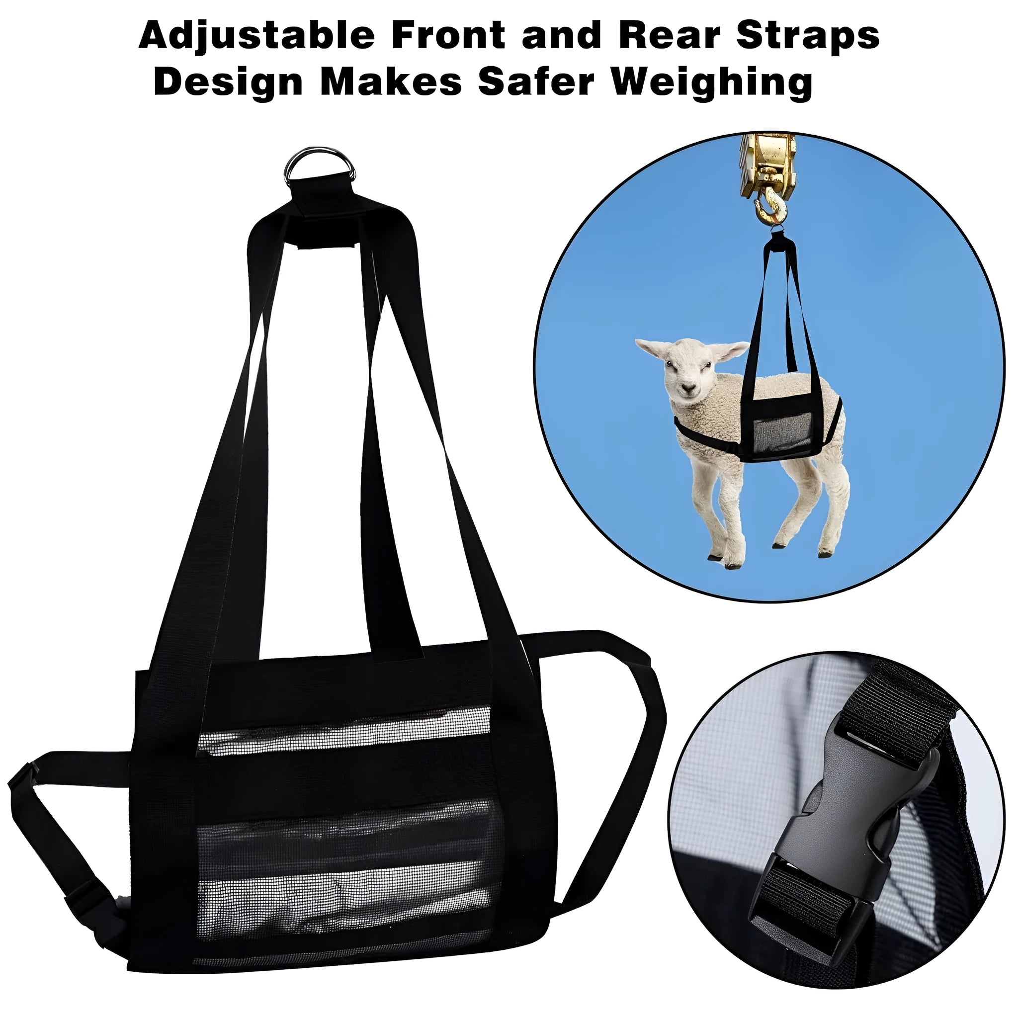 Black polyester weighing sling for calves and large dogs, showing four carry handles.