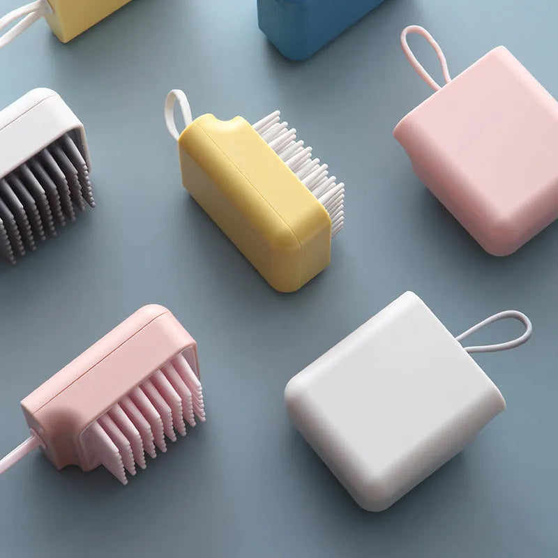 Pet bath massage brush with soft TPR bristles and ergonomic handle in white, blue, pink, yellow colours