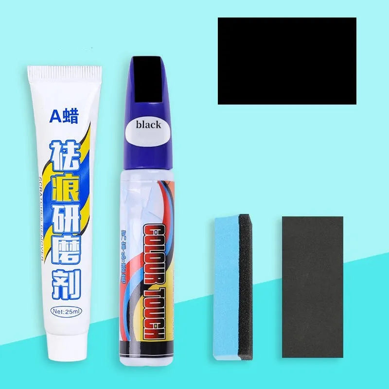 Automotive paint repair pen kit with touch-up fluid, scratch wax, sponge, and sandpaper.