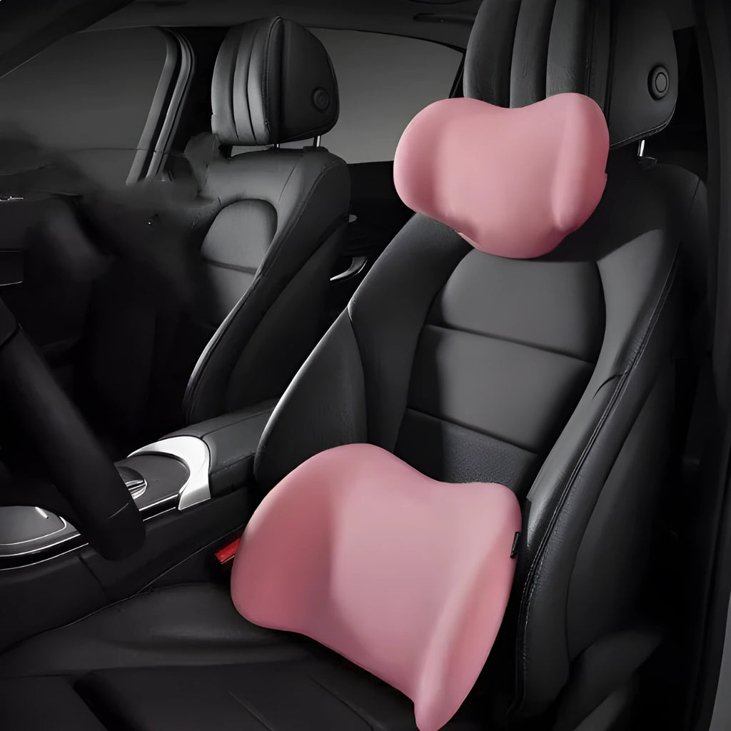 Memory cotton car headrest and back cushion set in black, green, grey or pink colours