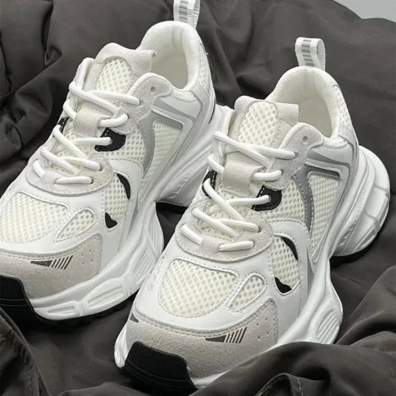 Beige mesh platform casual sports shoes with wedge heel and front lace-up design