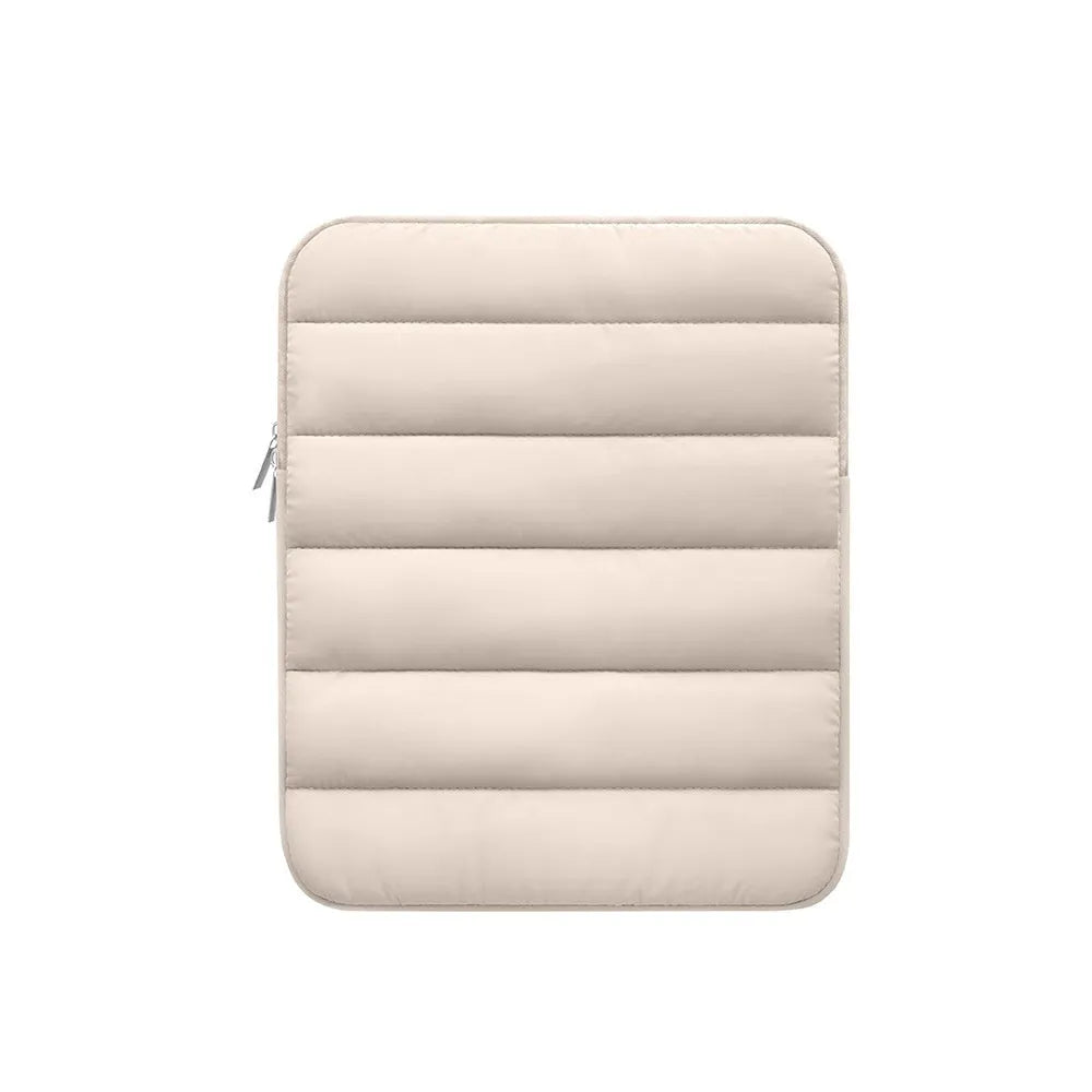 Black padded laptop sleeve with elastic sides for 9.7-11 inch devices, shown next to a storage bag.