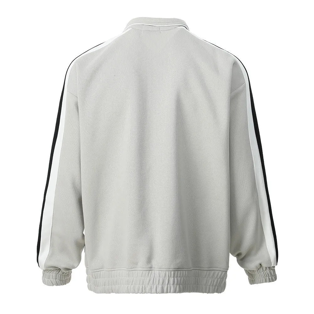 Men's contrast colour cardigan stand collar coat in gray with long sleeves and colour block design