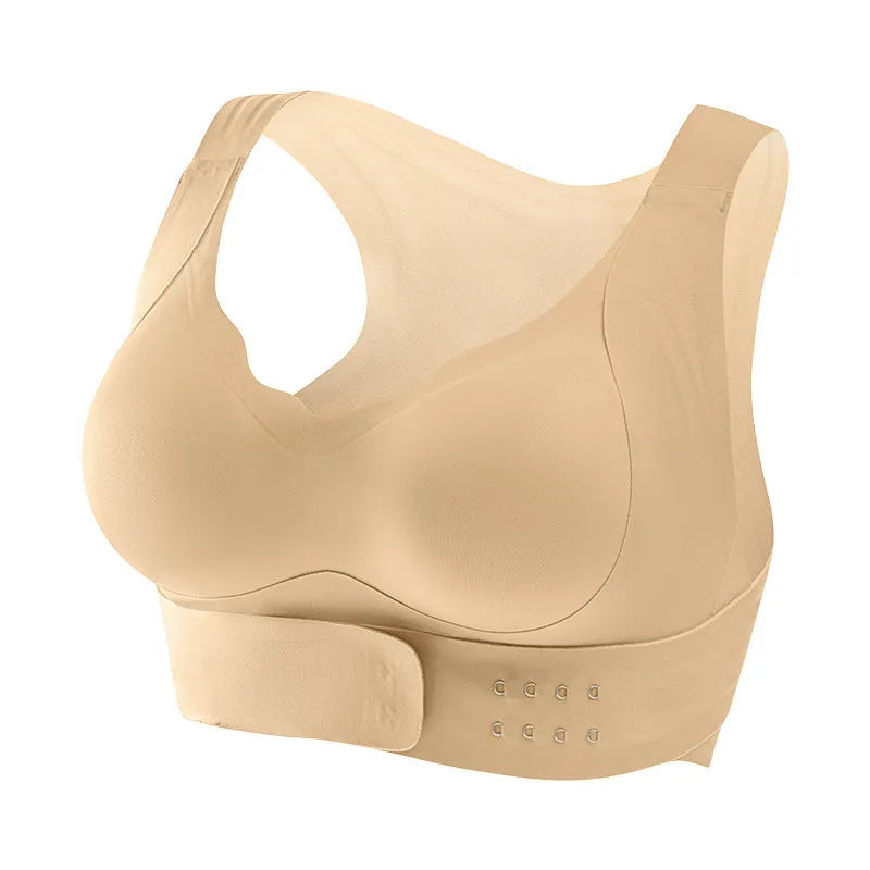 Women's front fastening sports bra in black, showing double shoulder straps and 3/4 cup design.