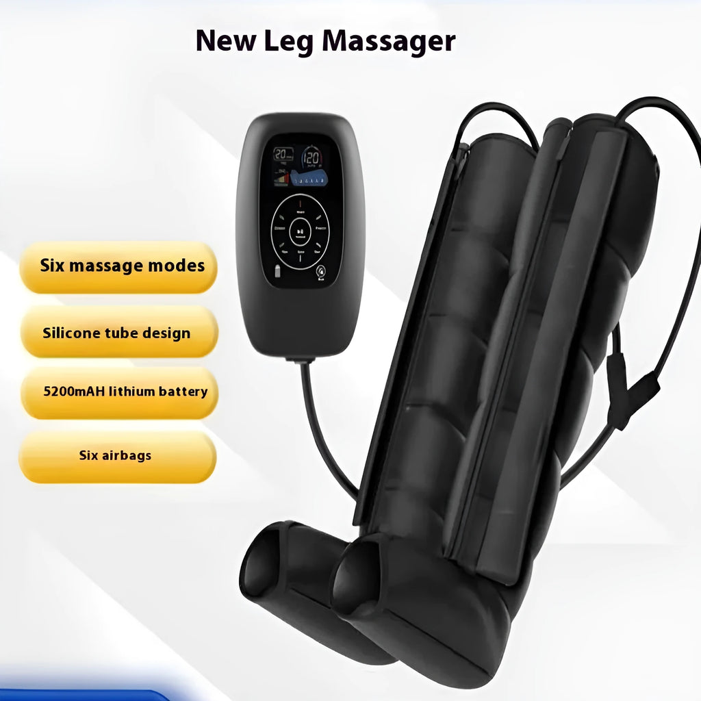 Air wave pressure leg arm and waist massager set with handheld remote control on a table.