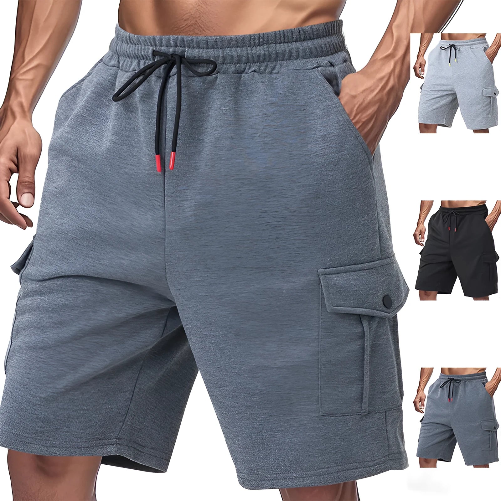 Sports cargo shorts in light grey with multiple pockets and loose fit design