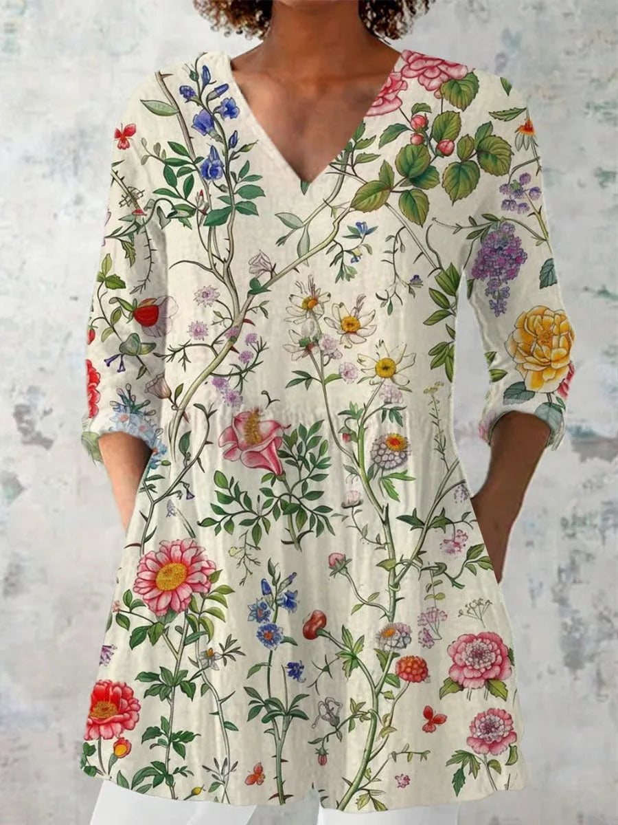 Women's retro slim fit printed long-sleeved top in a selected colour style.