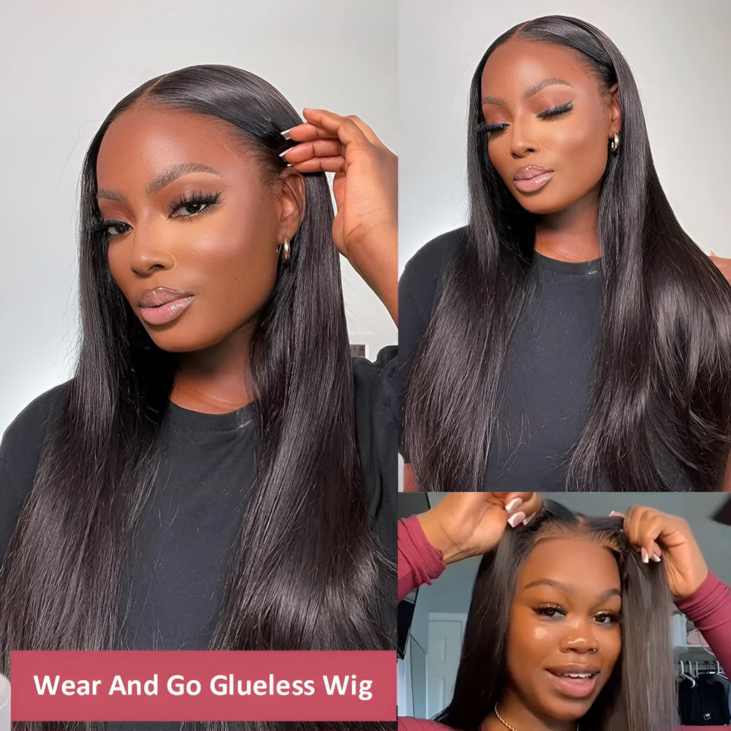 A long, straight, glueless human hair wig with side bangs, shown in a natural style.