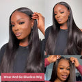 A long, straight, glueless human hair wig with side bangs, shown in a natural style.