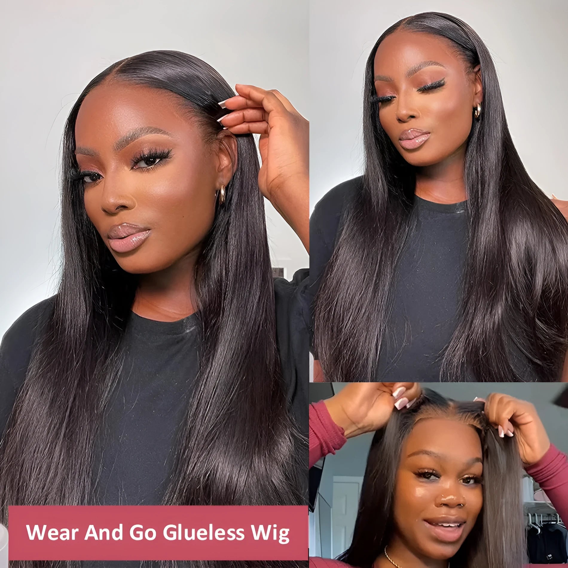 A long, straight, glueless human hair wig with side bangs, shown in a natural style.