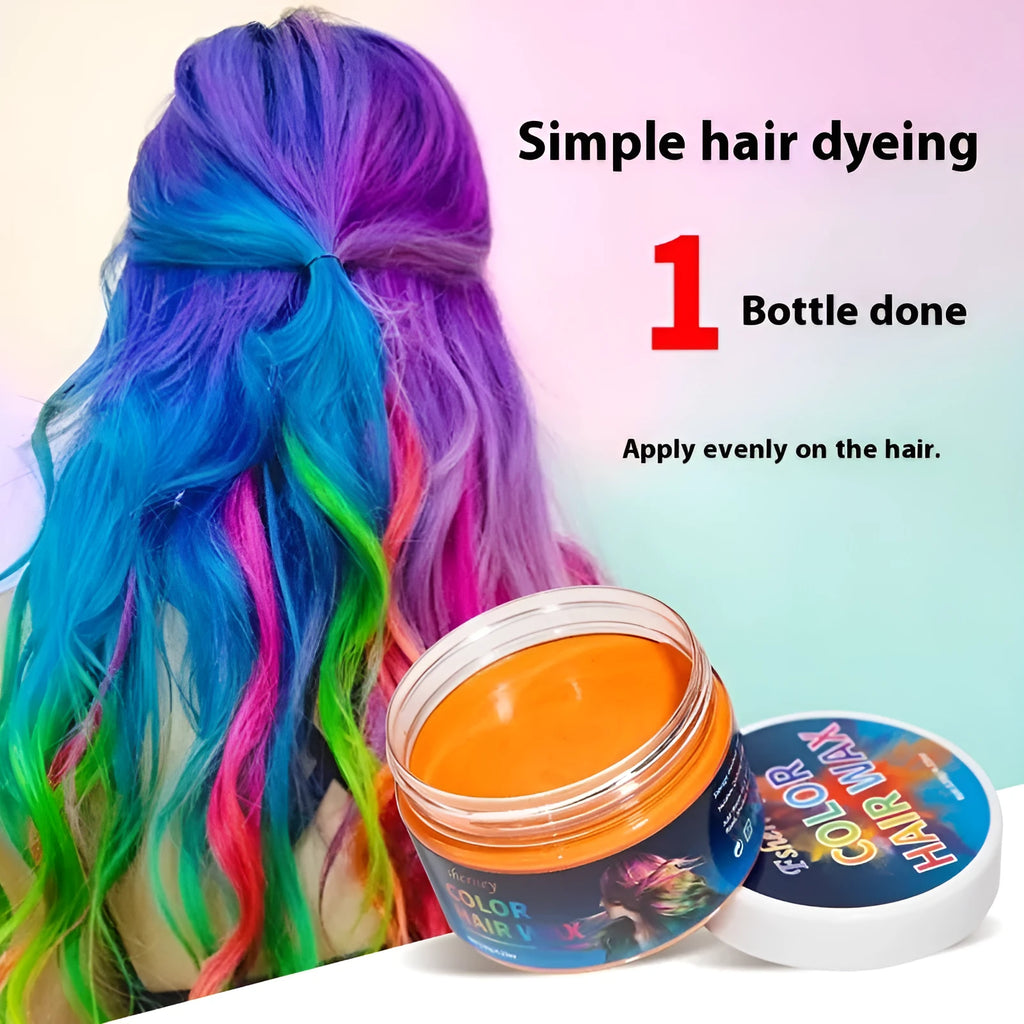 120g hair styling clay pot showing colour options including white, orange, red, yellow, blue, green, purple, rose red, and granny grey