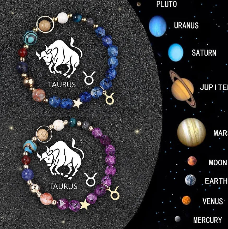 Set of twelve natural stone beaded bracelets featuring different zodiac sign designs