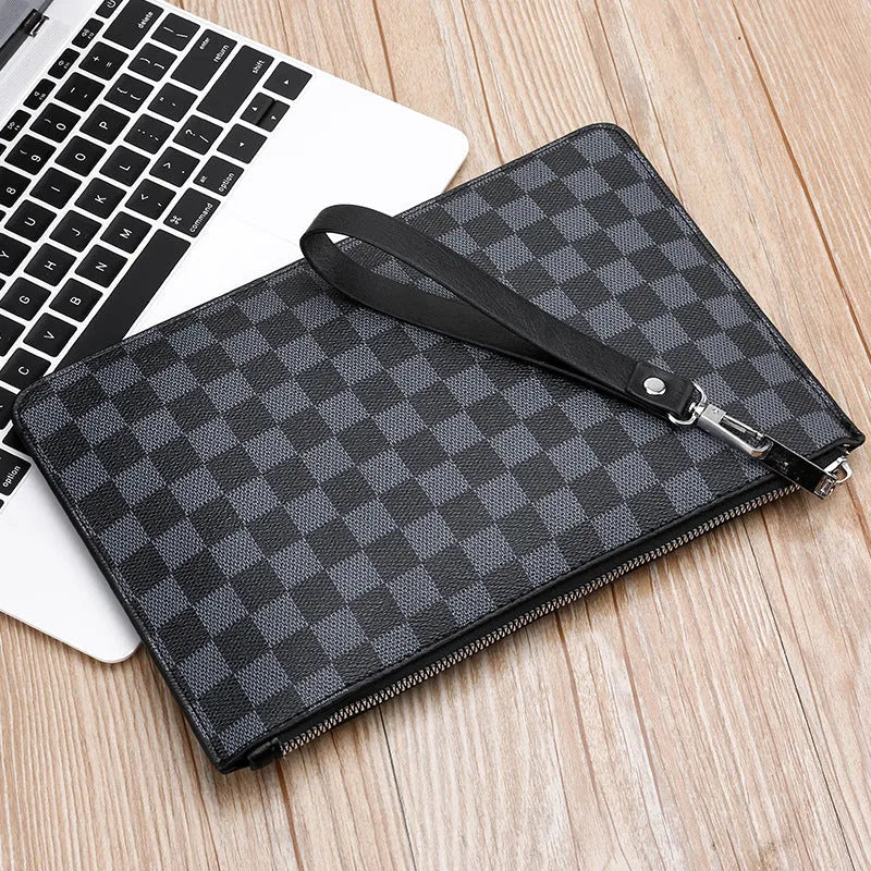 Men's soft black checkered PU leather clutch wallet showing card slots and zipper pocket