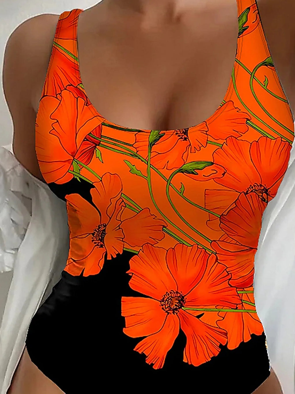 Women's backless one-piece swimsuit with orange flowers print and slim fit