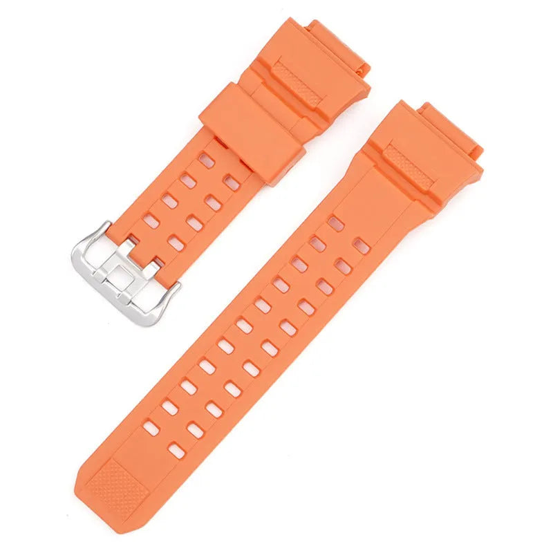 Camouflage patterned TPU resin watch strap with silver buckle on a grey background