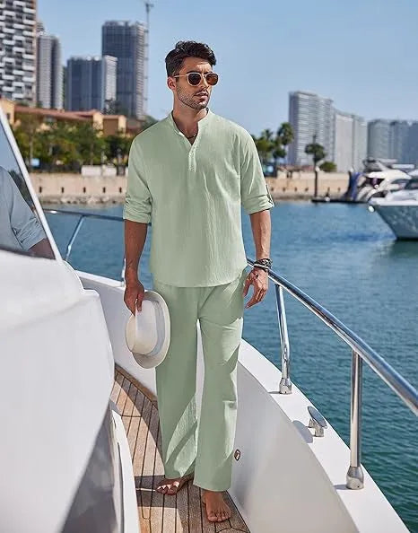Men's casual cotton two-piece suit with long sleeves and trousers in a solid colour