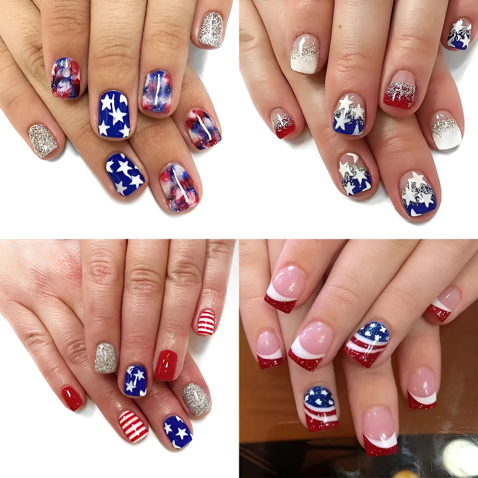 Independence Day wear nail set with five-pointed star designs in patriotic red, white, and blue colours