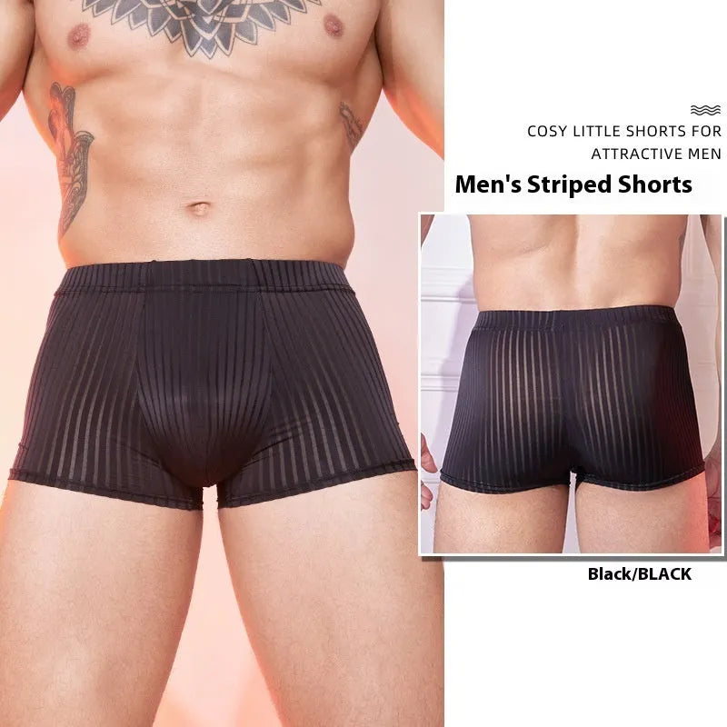 Men's striped thin nylon underwear in black, shown flat.